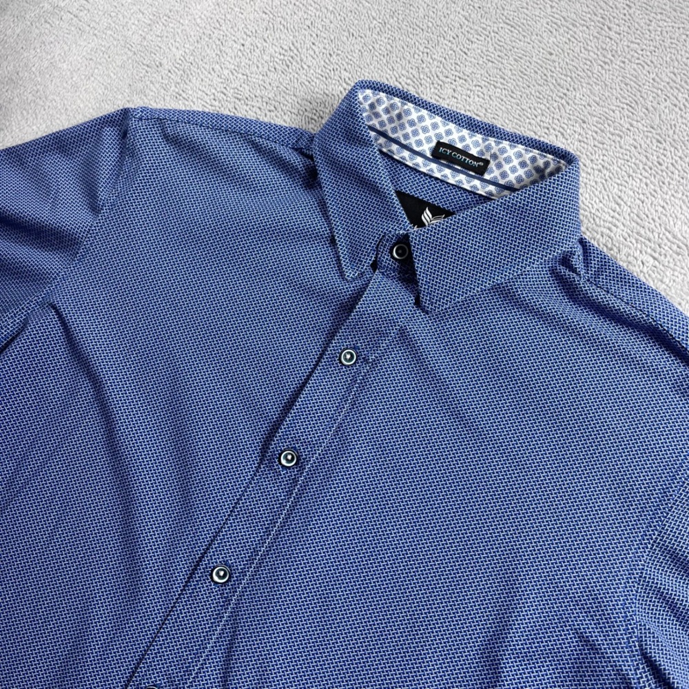 Buttercloth Icy Cotton Mens Medium Regular Fit Blue Micro Print Short Sleeve Top